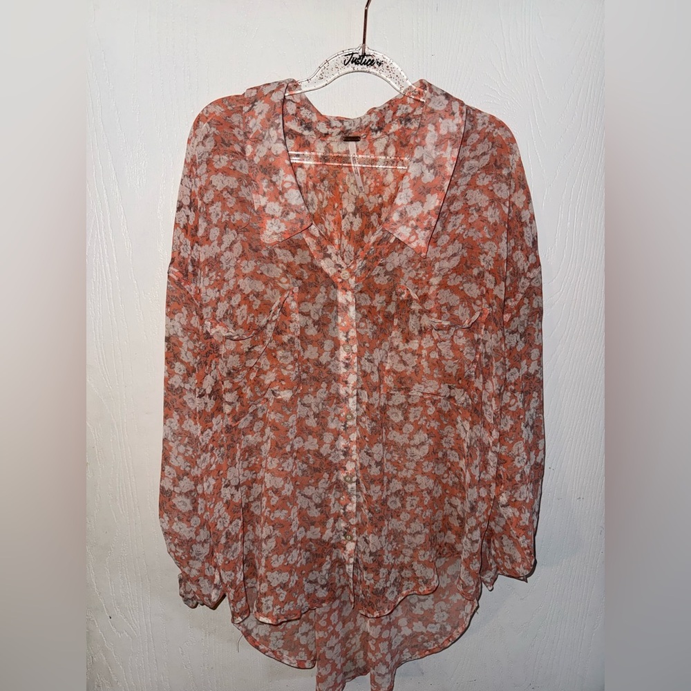 Free People Floral Sheer Button-Down Blouse